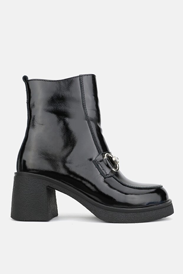 Women's Black Rugan Genuine Natural Leather Thick Heeled Buckle Boots & Booties