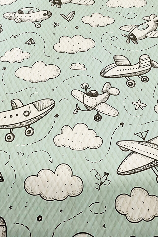 Mavi Beyaz Uçaklar Desenli Erkek Çocuk Tek Kişilik Kapitoneli Pike Takımı Yatak Örtüsü - 2