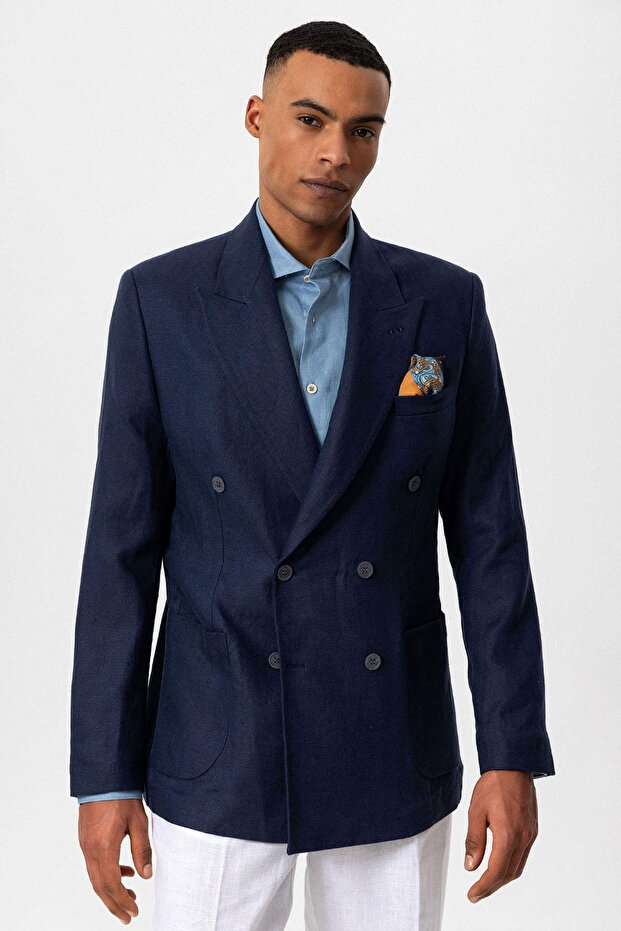 Men's Blazer Jacket - 100% Linen, Navy Blue, Double Breasted Closure
