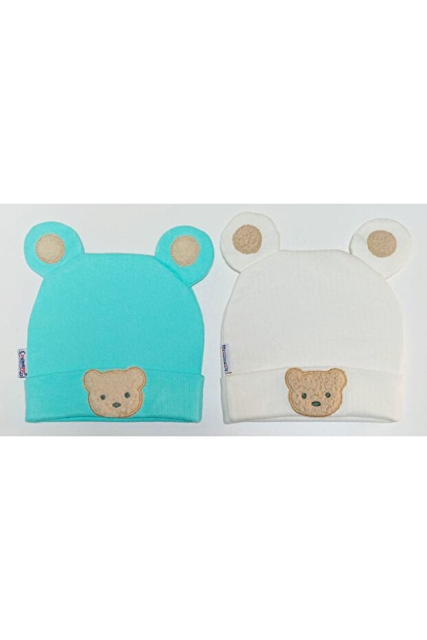 Cotton striped knitted baby beanie with bear sticker