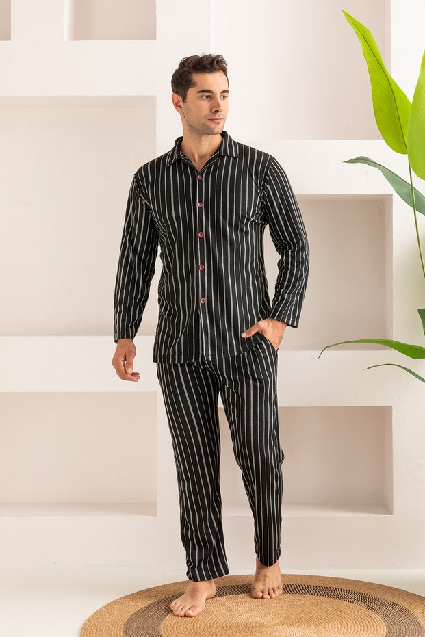 Men's Jacquard Button Cotton Pajama Set- Striped Men's Pajamas- Classic Men's Pajamas
