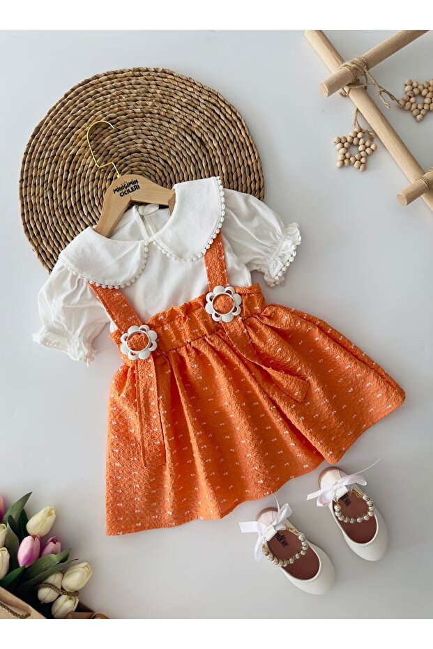 Daisy Buckle My Mini Baby Collar Skirt Set - Orange