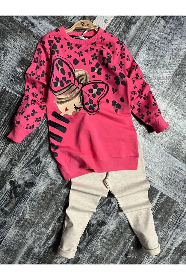 My Little One's Leopard Patterned Bow Printed Girls' 2-Piece Set - Fusya