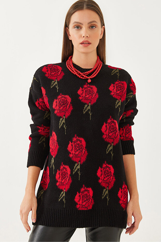 Women's Black Crew Neck Rose Patterned Knitwear Sweater 20246257