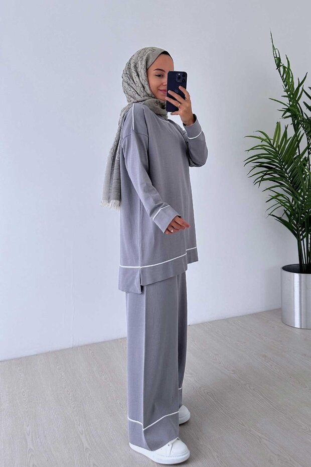Mercerized Suit with Piping Detail - Gray