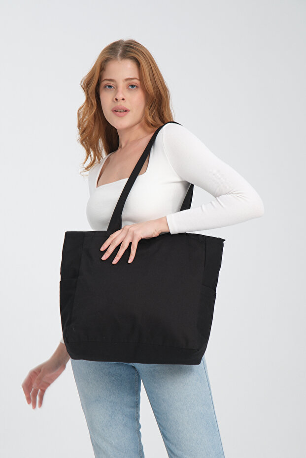 Zippered 100% Cotton Canvas Black Bag with Large Double Pocket Detail