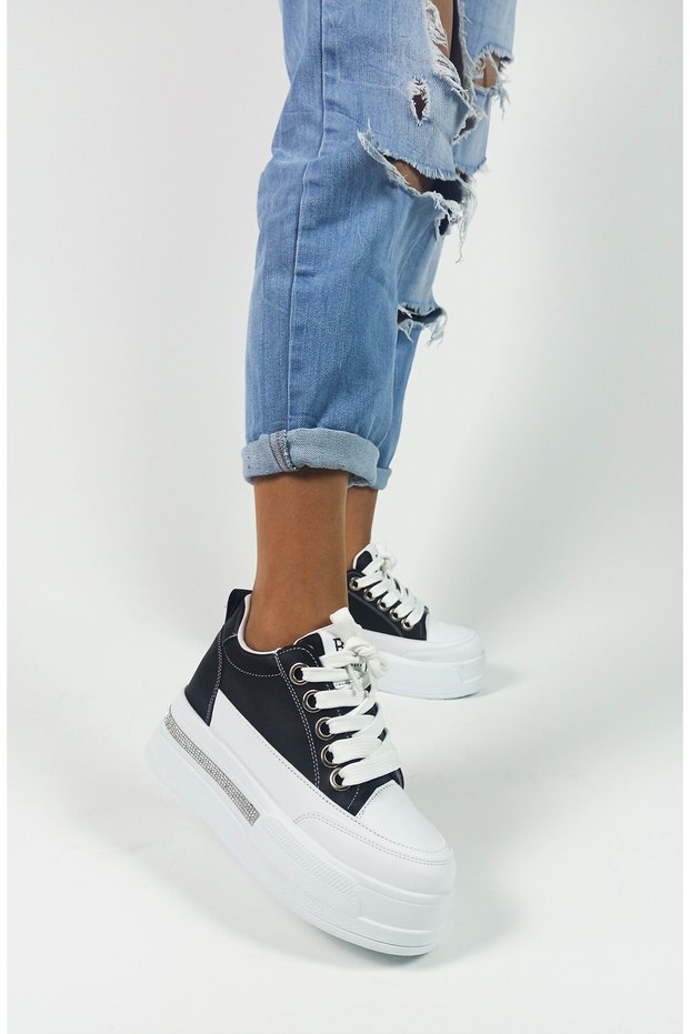 White Black Detail Inside Heeled Jewelled Lace-Up Women's Sports Shoes
