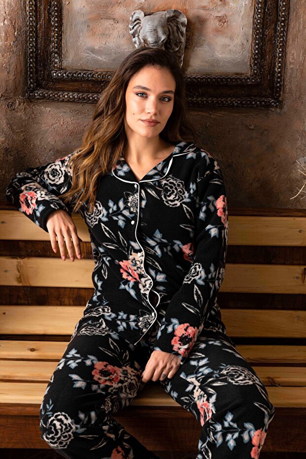 Women's Front Buttoned Long Sleeve Fleece Plush Winter Warm Pajamas Set