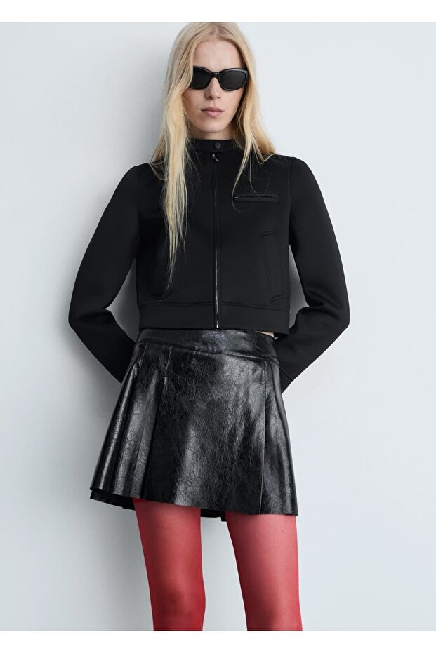Deri görünümlü pilili mini etek - 1