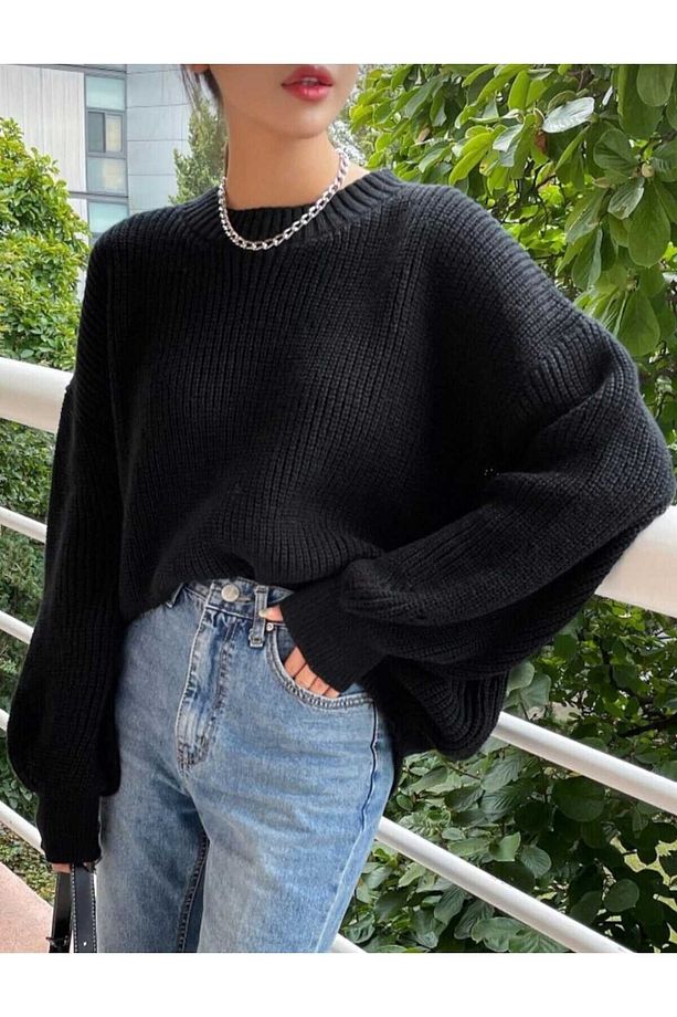 Siyah Bisiklet Yaka Oversize Kadın Triko Kazak - 6