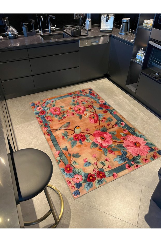 Paris Collection Salmon Color Themed Flowers and Bird Patterned Modern Decorative Carpet 151