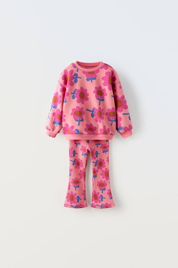 Girl's Pink Flower Patterned Winter 3 Thread Cotton Sweatshirt Tights Top and Bottom Set