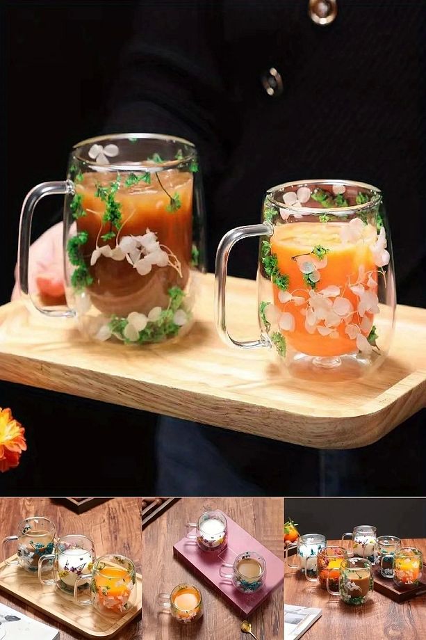 Çiçekli bardak  4lü Çift Cidarlı Çiçekli Flower Cup Bardak 350 ml El Yapımı Borosilikat Kulplu Kahve - 2