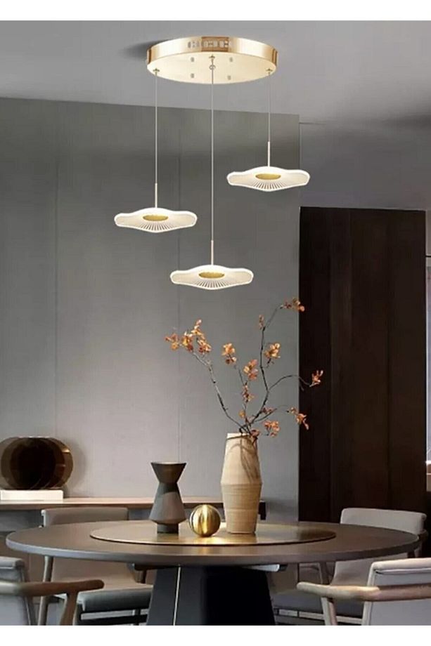 Luxury Exclusive Üçlü Yuvarlak Sarkıt Led Avize Jellyfish Salon Mutfak Oturma Odası Avize Gold Sarı - 5