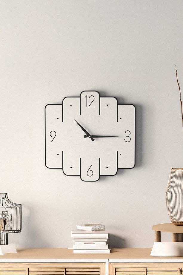 Dekoratif Yeni Modern Avior Beyaz Ahşap Duvar Saati - 48cm - 2 Adet Vazo Tablo Hediye - 6