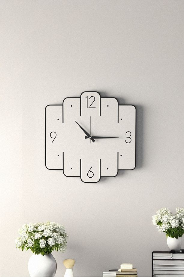 Dekoratif Yeni Modern Avior Beyaz Ahşap Duvar Saati - 48cm - 2 Adet Vazo Tablo Hediye - 4