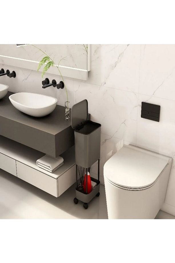 Tek Raf Üniteli Tekerlekli Çöp Kovası Fonksiyonel Kapaklı Banyo Mutfak Çöp Kutusu - 1