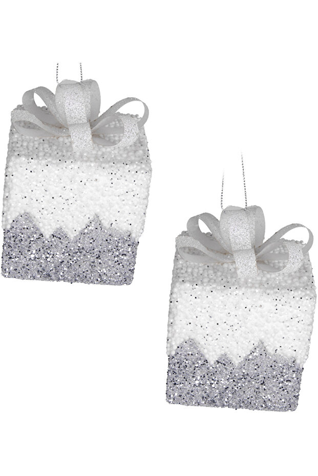Christmas Ornament Gift Package 2 Pack with Glitter Ribbon Silver-White 8 Cm.