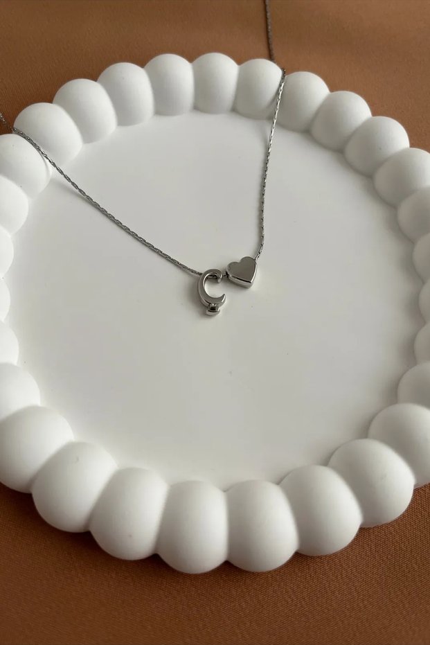 Steel Chain Letter C Necklace, Heart Detailed Silver Color Letter Necklace