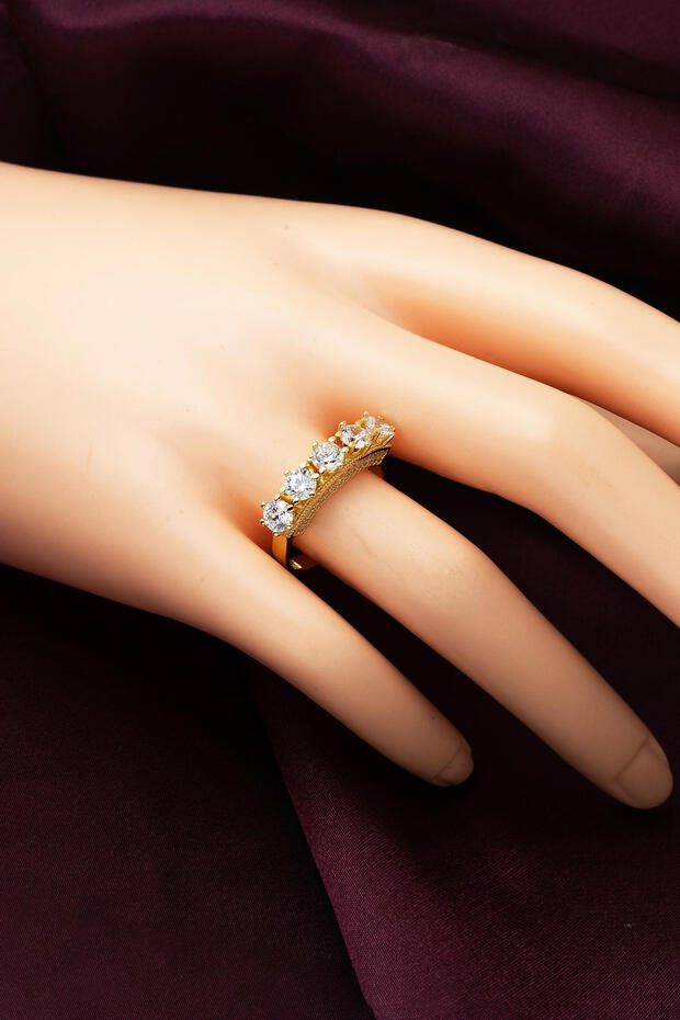 Sarı Altın 14 Ayar 5 Taş Yüzük - 2