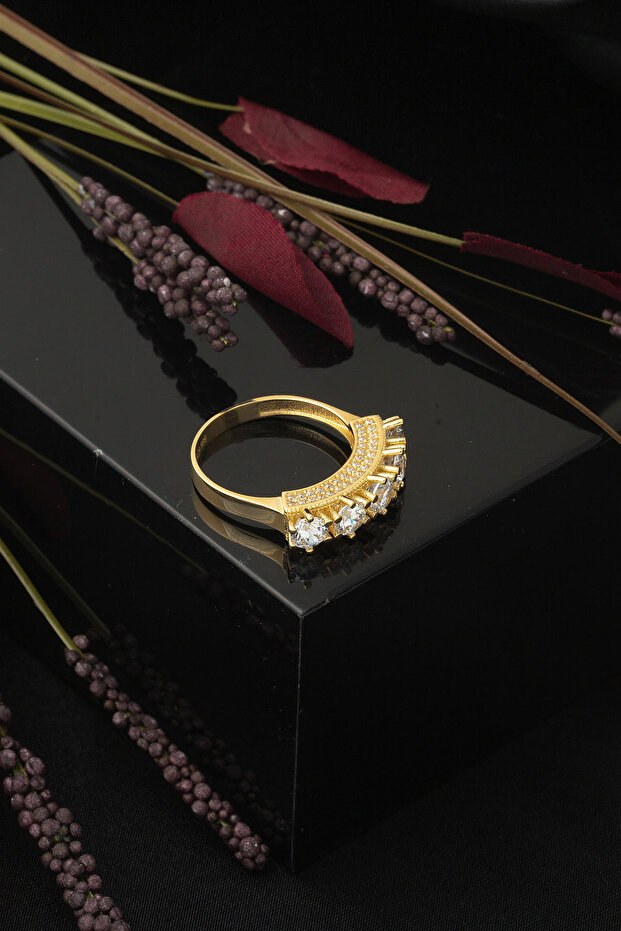 Sarı Altın 14 Ayar 5 Taş Yüzük - 4