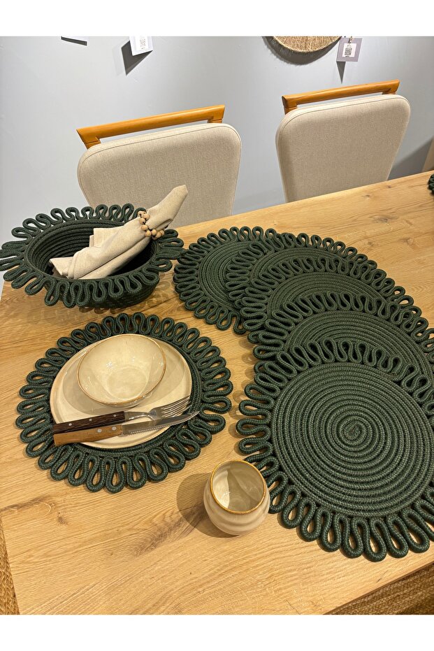 Green Galaxy Modern Jute Plate and Bread Pot Set of 7