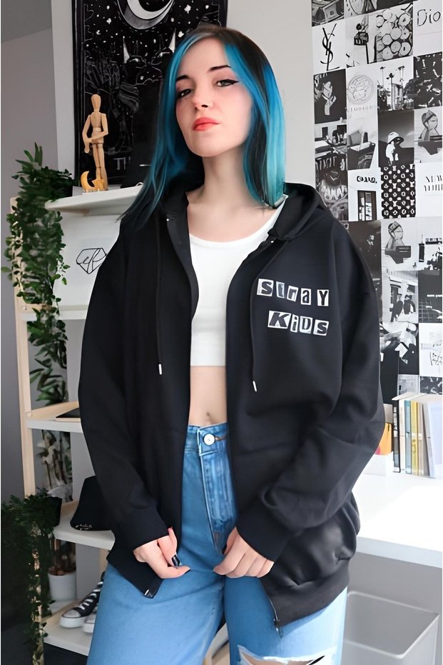 Stray Kids Cardigan - Black Printed Winter Oversize Hooded Zippered Pocket Detailed Cardigan