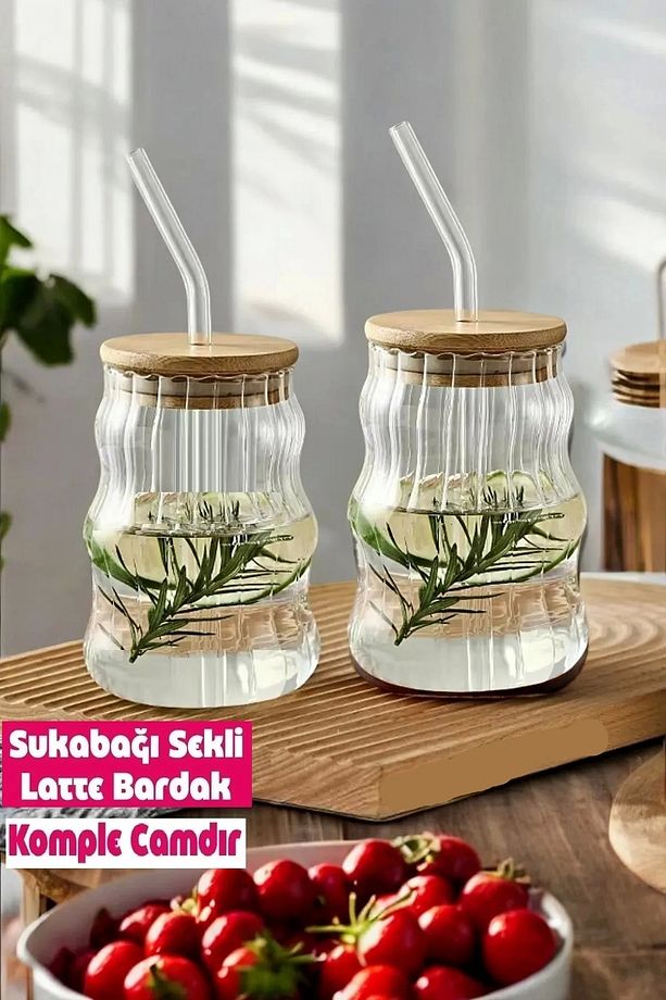 4'lü Sukabağı Latte İskandinav  Bambu Kapaklı Cam Pipetli Bardak Kahve Kokteyl Sunum Bardağı 400ml - 1