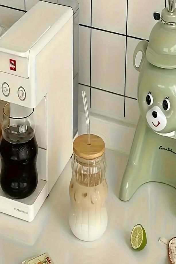 4'lü Sukabağı Latte İskandinav  Bambu Kapaklı Cam Pipetli Bardak Kahve Kokteyl Sunum Bardağı 400ml - 3