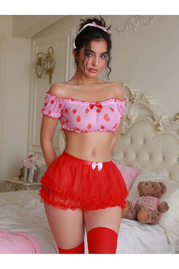 Kırmızı Etek String Pembe Kalp Büstiyer Toka Takım - 2