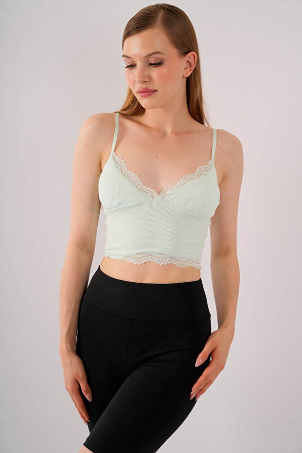Women's Green Crop Strap Lace Bustier Blouse with Removable Pads