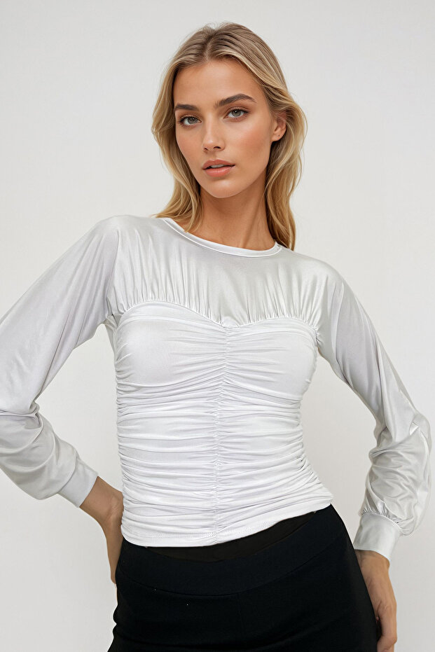 Women's White Crew Neck Draped Front Sandy Blouse Alc-X12965