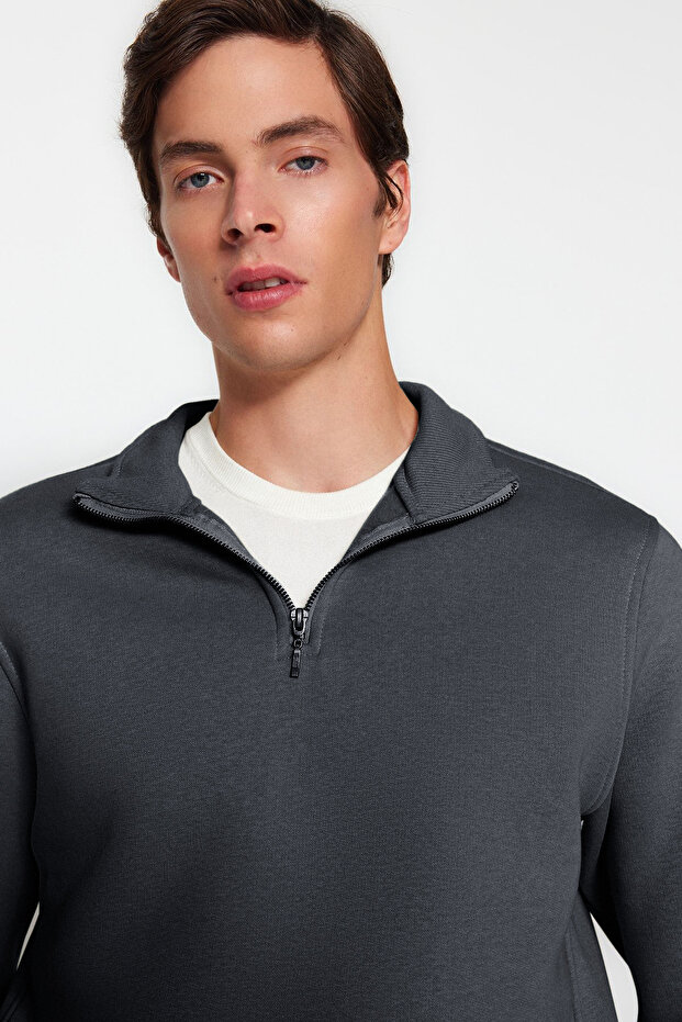 Antrasit Regular/Normal Kesim Dik Yaka Fermuarlı Sıcak Tutan Basic Sweatshirt TMNAW24SW00041 - 3