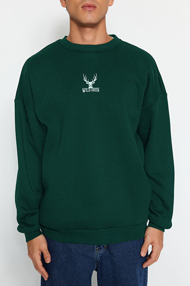 Yeşil Oversize/Geniş Kesim Bisiklet Yaka Uzun Kol Hayvan Nakışlı Sweatshirt TMNAW24SW00169 - 5