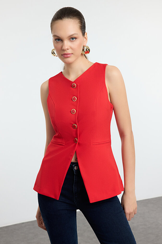 Kırmızı Fitted Yuvarlak Yaka Dokuma Yelek TWOAW25YE00074 - 3