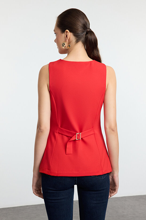 Kırmızı Fitted Yuvarlak Yaka Dokuma Yelek TWOAW25YE00074 - 6