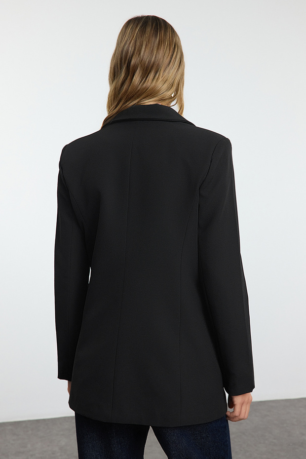 Siyah Oversize Astarlı Kruvaze Kapama Dokuma Blazer Ceket TWOAW21CE0145 - 8