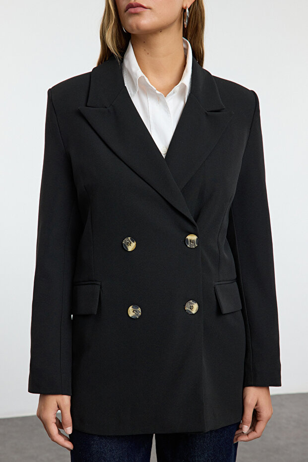 Siyah Oversize Astarlı Kruvaze Kapama Dokuma Blazer Ceket TWOAW21CE0145 - 4