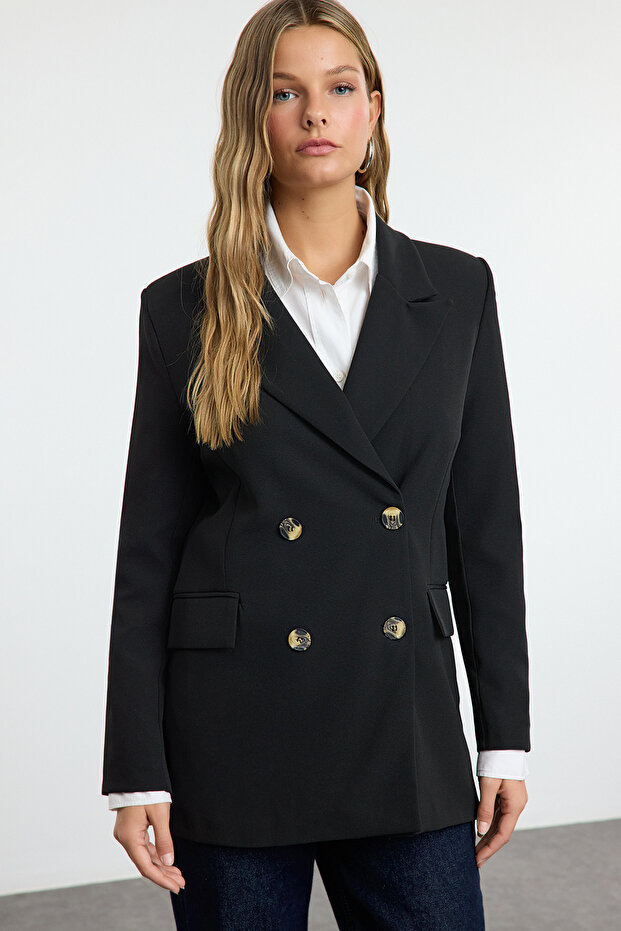 Siyah Oversize Astarlı Kruvaze Kapama Dokuma Blazer Ceket TWOAW21CE0145 - 7