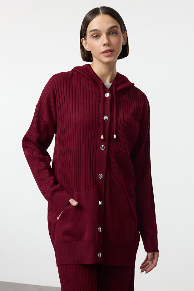 Bordo Kapüşonlu Oversize Triko Alt-Üst Takım TCTAW25US00022 - 2