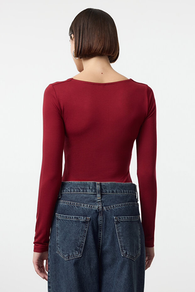 Bordo Fitted/Vücuda Oturan Kare Yaka Alttan Çıtçıtlı Örme Body TWOAW24BD00062 - 5