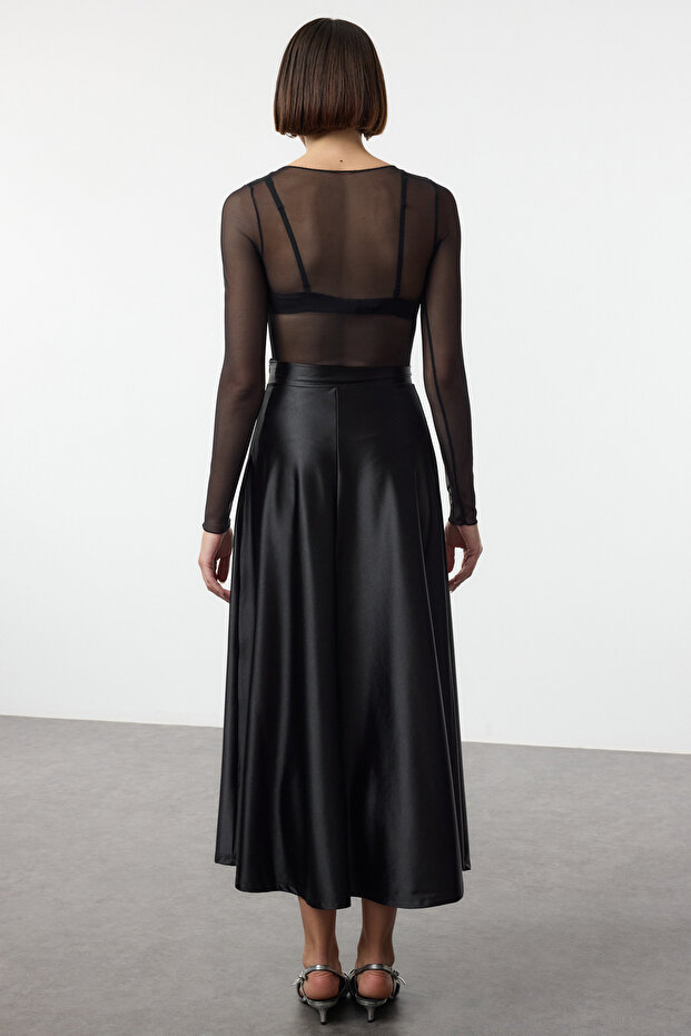 Siyah A Line/Çan Form Maxi Saten Örme Etek TWOAW25ET00111 - 5