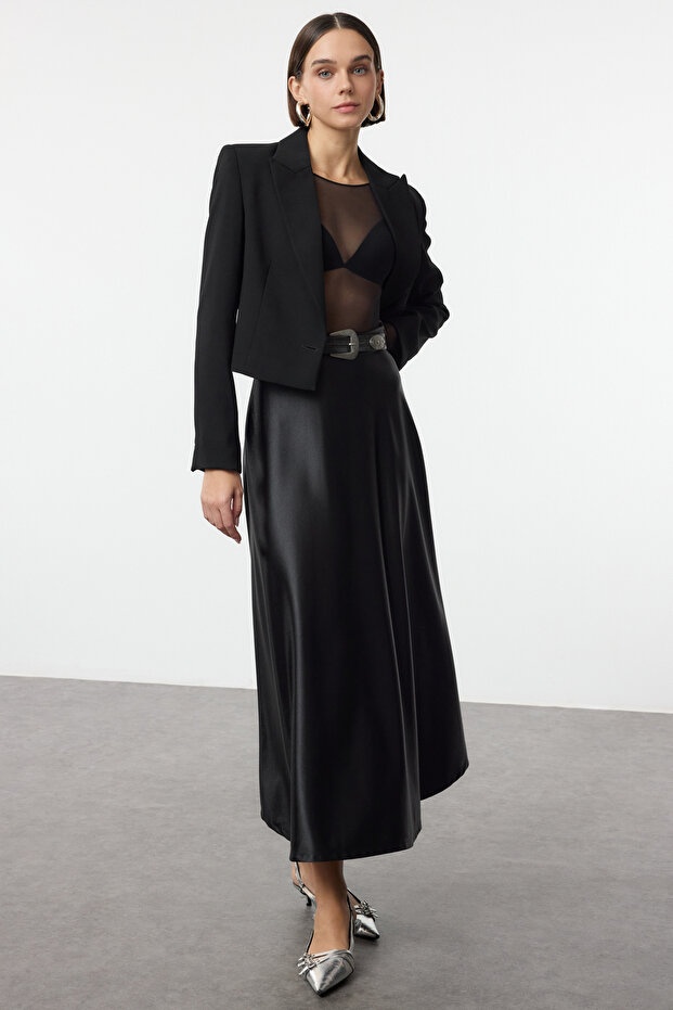 Siyah A Line/Çan Form Maxi Saten Örme Etek TWOAW25ET00111 - 1