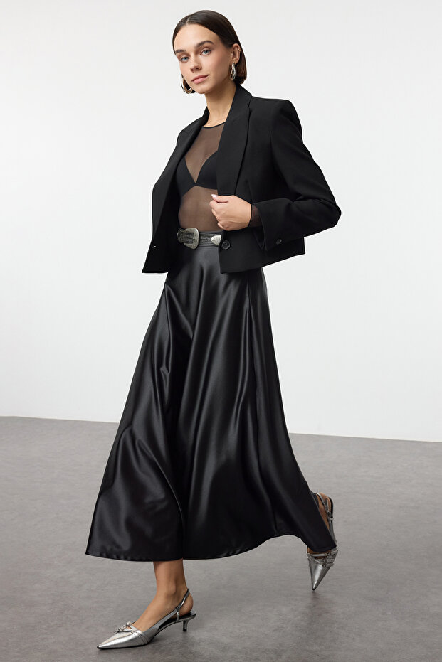 Siyah A Line/Çan Form Maxi Saten Örme Etek TWOAW25ET00111 - 2