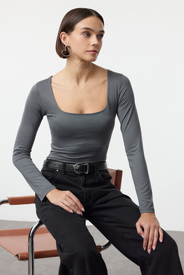 Antrasit Kare Yaka Alttan Çıtçıtlı Örme Body TWOAW24BD00062 - 1