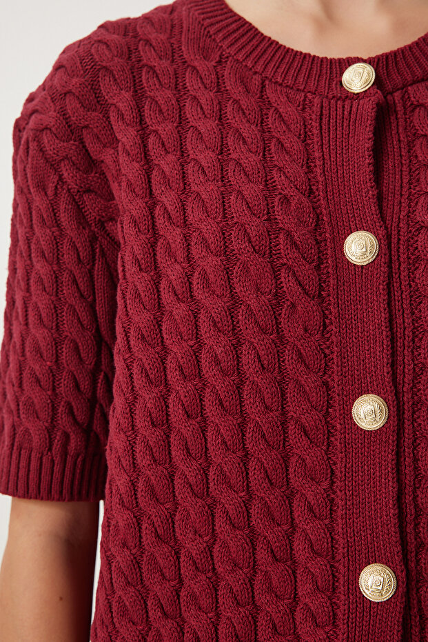 Women's Burgundy Crew Neck Hair Braided Knitwear Cardigan Us00946 - 6