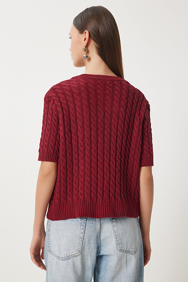 Women's Burgundy Crew Neck Hair Braided Knitwear Cardigan Us00946 - 7