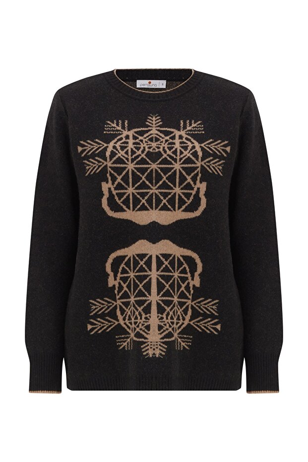 Amarıs Pullover Jakarlı Yünlü Uzun Kadın Triko Kazak - Siyah - 9