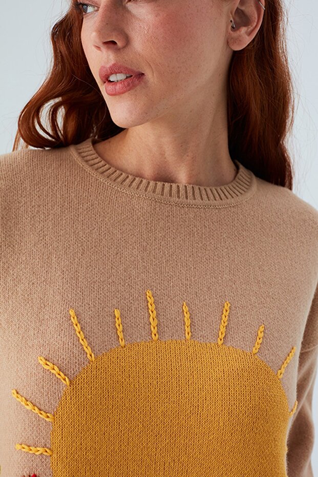 Sunny Pullover El Işlemeli Desenli Kadın Triko Kazak - Bej/kahve - 4