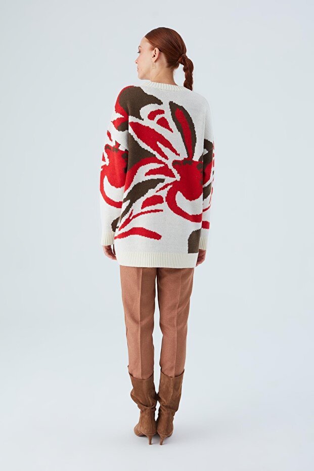 Polına Pullover Çiçek Desenli Uzun Kadın Triko Kazak - Ekru Multi - 6